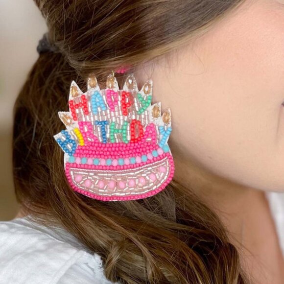 Happy Birthday Layer Cake Celebration Beaded Rhinestone Earrings - Picture 5 of 5